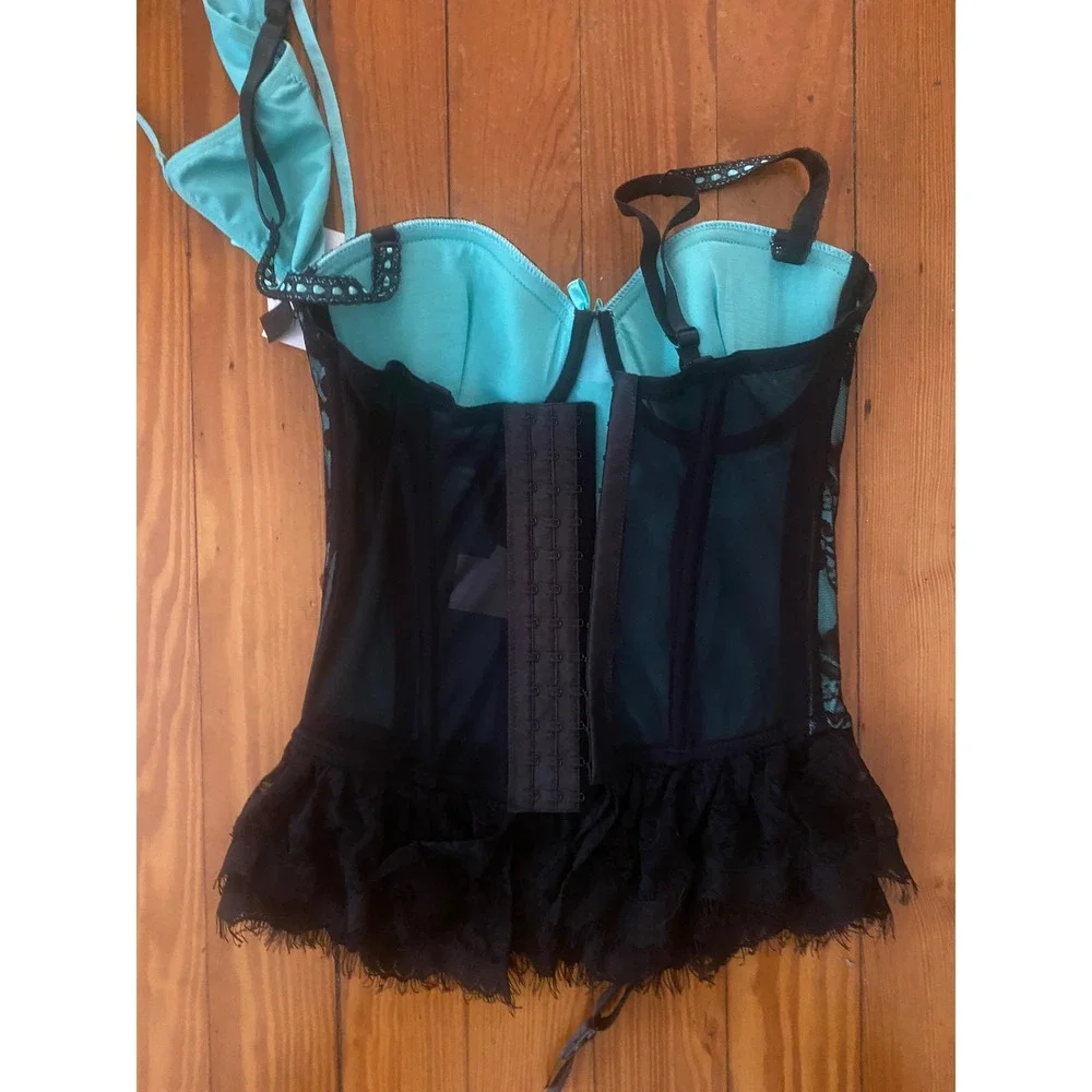 Carrie Amber Intimates Corset Bustier Set Teal Black Lace Ruffle 5086T Small